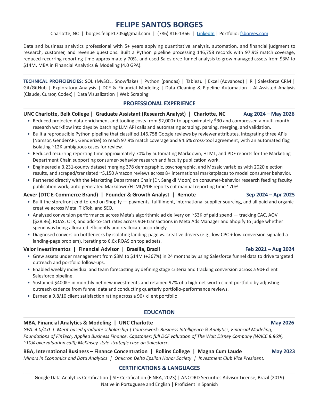Preview of Felipe Borges’s one-page résumé. Open the PDF to read the full document.